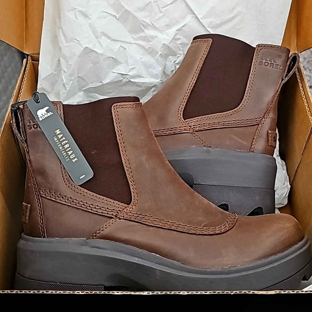 SOREL Joan FRWD Waterproof Leather Chelsea Boots - Size 6.5 - Tobacco Brown